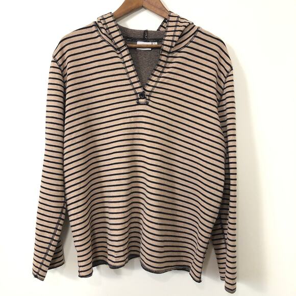 Hot Cotton Striped Hooded Sweatshirt Long Sleeve Soft Neutral Cozy Tan Black L - Picture 2 of 9